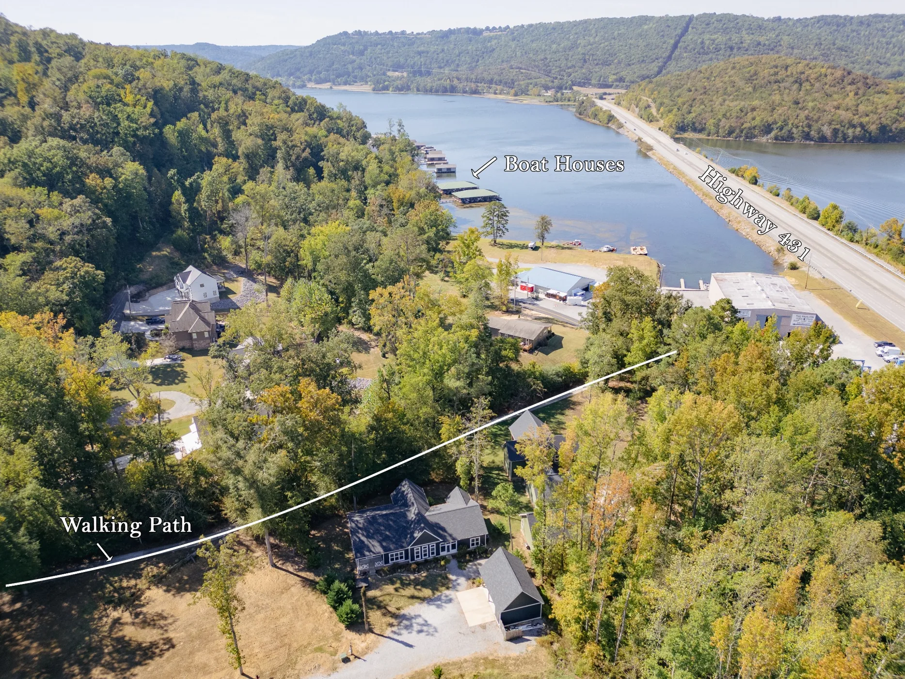 Annotated drone photograph showing a walking path to boathouses near Highway 431